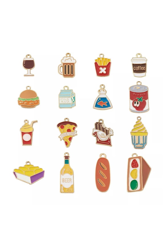 32Pcs Food Theme Alloy Enamel Pendants Drink Charms Pizza Hot Dog Chip
