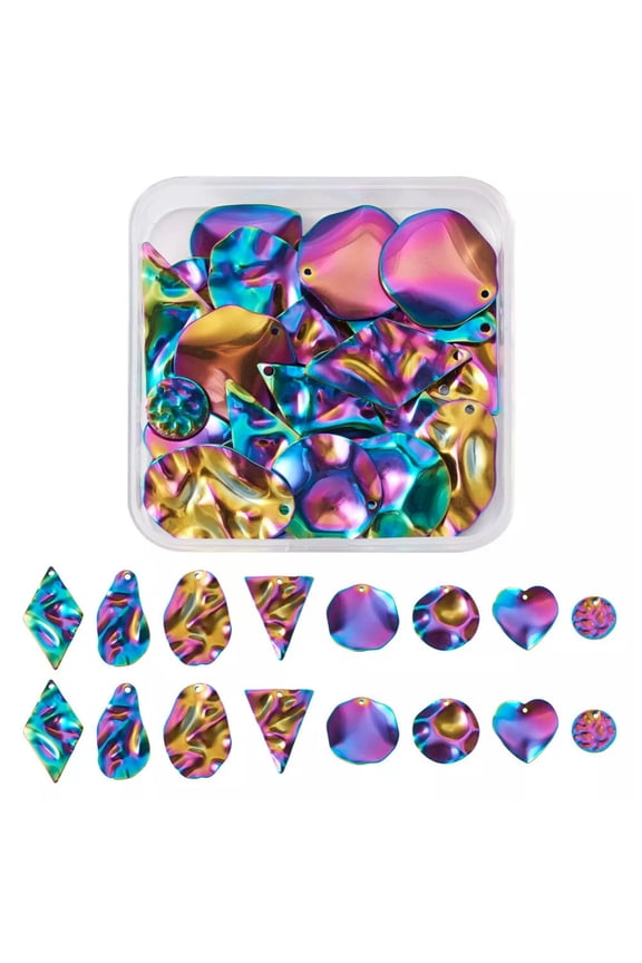 32pcs Stainless Steel Flat Round Triangle Heart Pendants Charms Rainbow Color