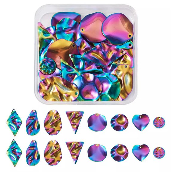 MATROOY 32pcs Stainless Steel Flat Round Triangle Heart Pendants Charms Rainbow Color
