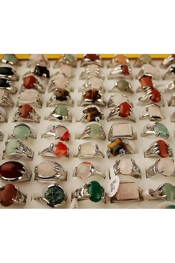 35pcs Women Men's Jewelry Mixed Lots Natural Stone Quartz Wholesale Oval Rings