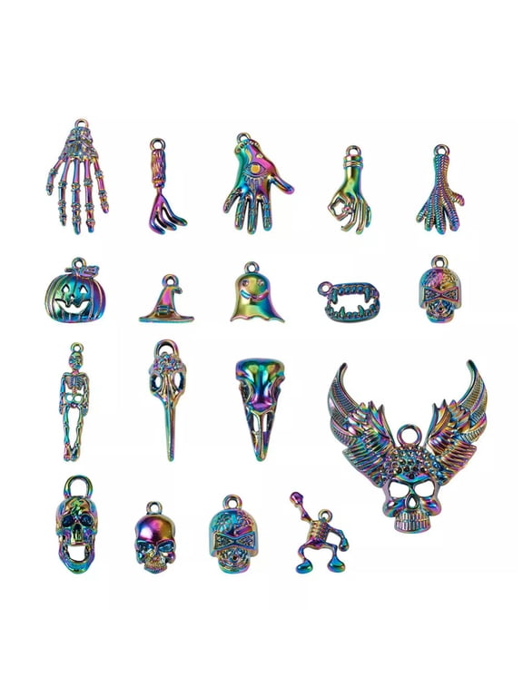 36Pcs Alloy Halloween Rainbow Charms Palm Skull Skeleton Hands Pendants