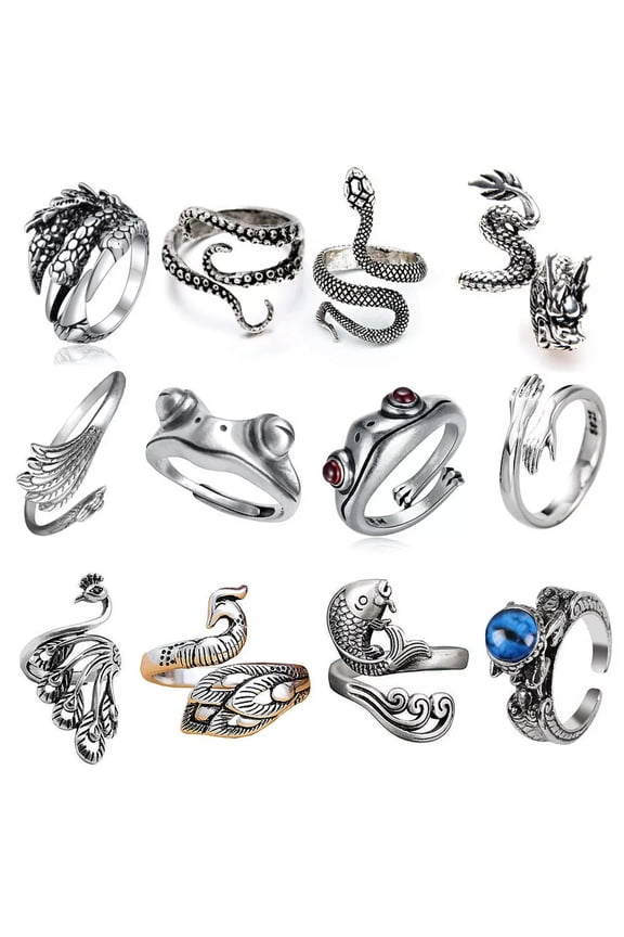36pcs Vintage Animals Dragon Claw Snake Ring Men Punk Open Adjustable Rings