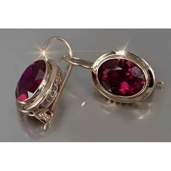 MATROOY 3Ct Oval Cut Lab-Created Red Ruby Drop/Dangle Earrings 14K Yellow Gold Plated