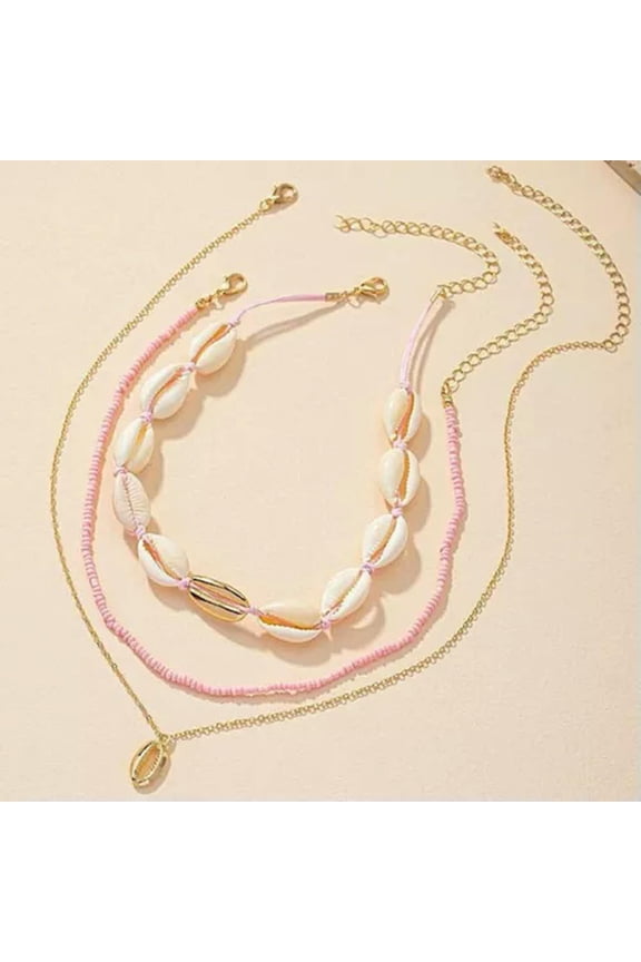 3PCS Bohemian Natural Shell Necklace Three Layer Beach Seashell Choker Necklaces-A3