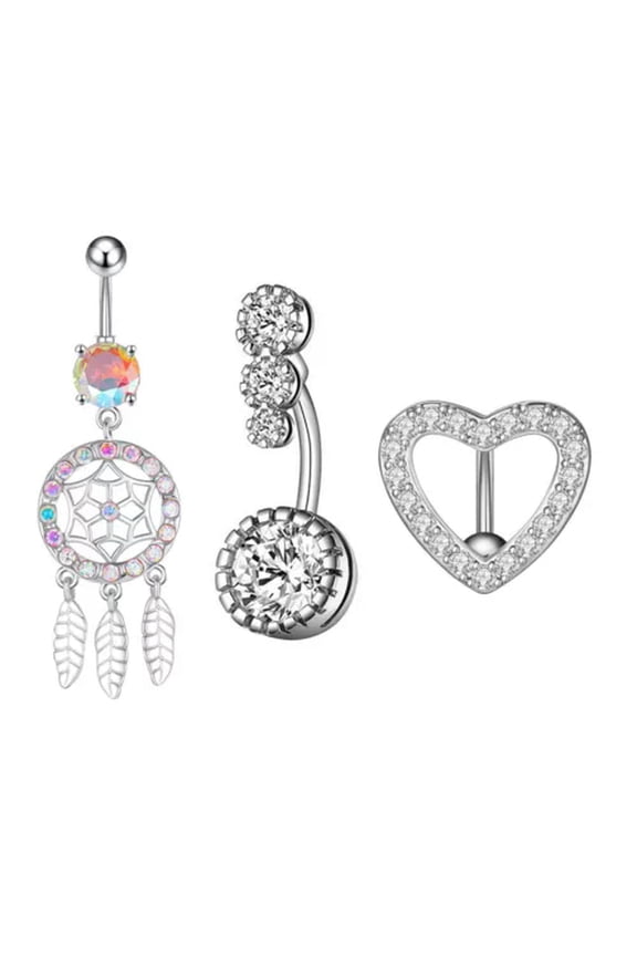 3pcs 14G Belly Button Ring Surgical Steel Heart -catcher CZ Belly Rings-Silver