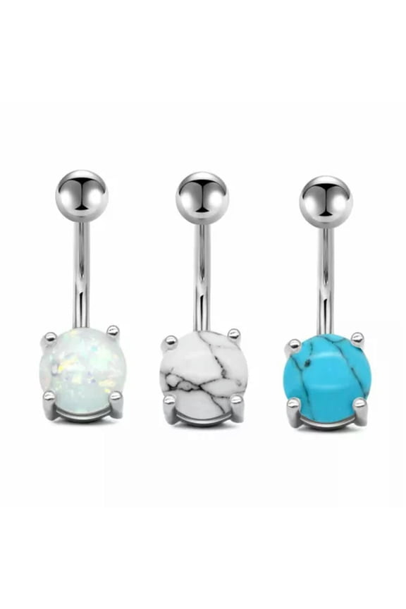3pcs 14G Stainless Steel Opal Marble Stone Barbell Navel Belly Button Rings-Silver