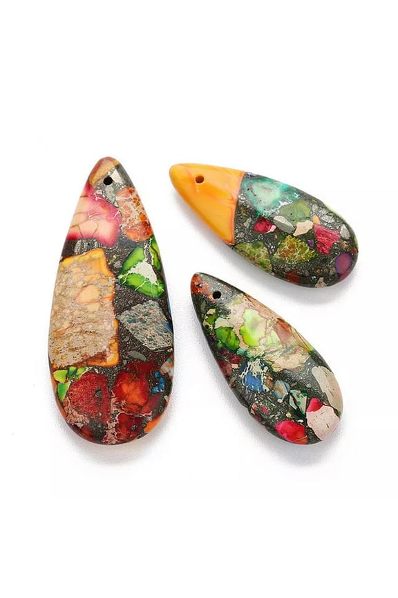 3pcs Artificial Colour Sea Sediment Jasper Pyrite Teardrop Pendant Bead 48x18mm
