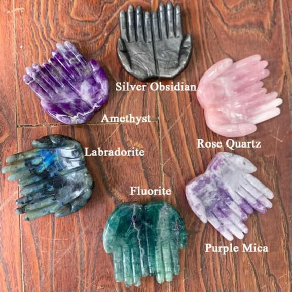 MATROOY 4" Natural Quartz Crystal Prayer Hands, Offering Hands, Altar Hands Carved Reiki-Labradorite