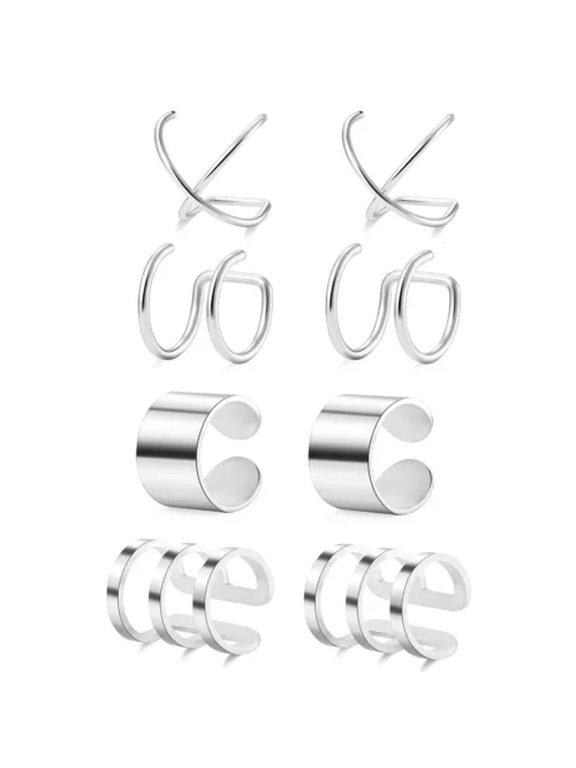 4Pairs Men Women Ear Cuff Wrap Earrings Set No Piercing Clip Cartilage Ear Clips-Silver