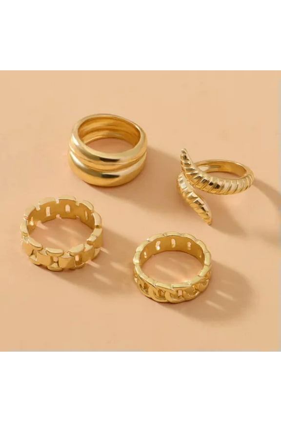 4Pcs/set Punk Metal Round Rings Set Gold Color Open Rings Finger Accessories WY4-Gold-