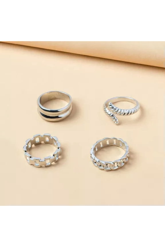 4Pcs/set Punk Metal Round Rings Set Gold Color Open Rings Finger Accessories WY4-Silver-