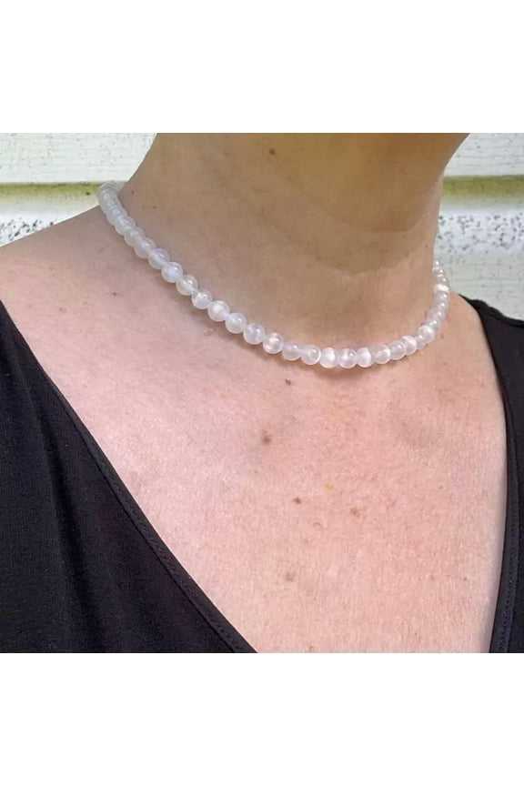 4mm Selenite Beaded Choker Healing Dainty Women Crystal Energy Necklace Gift