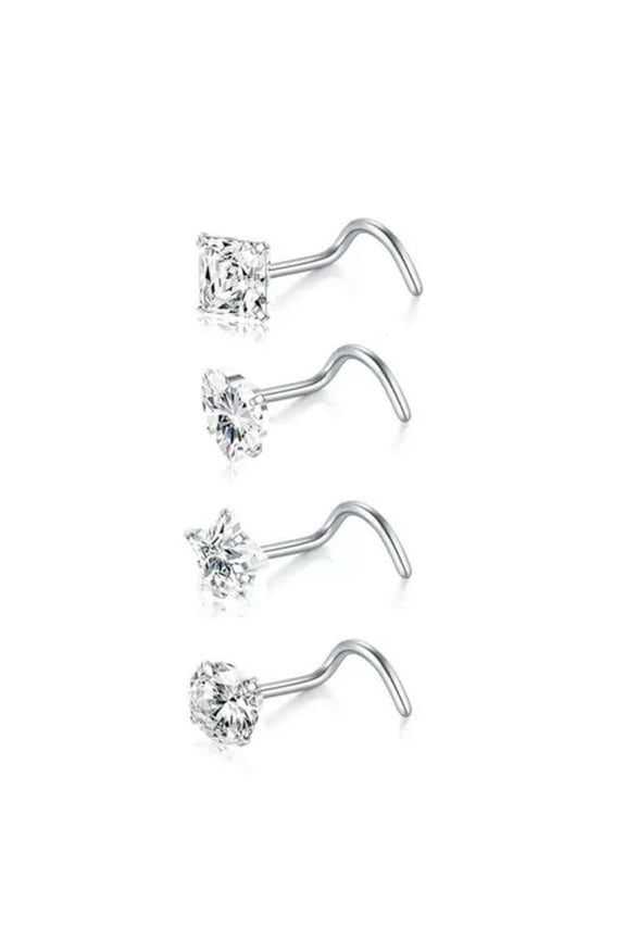 4pcs Mix Shape CZ Nose Stud Rings Piercing Jewelry Surgical Stainless Steel --silver