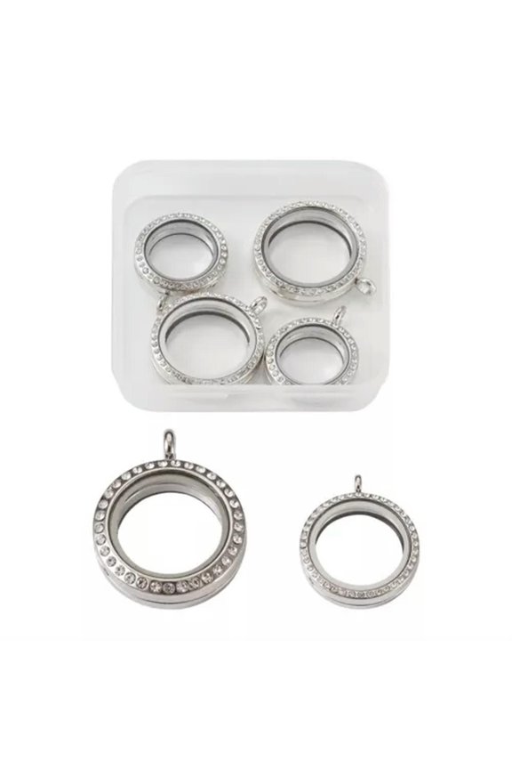 4pcs Rhinestone Photo Frame Charms Round Memory Locket Pendants Crystal-Platinum (25-30mm)
