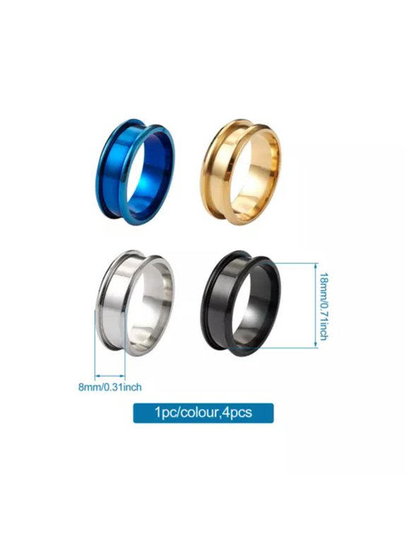 4pcs Stainless Steel Rings Core Blank Size 7-12 Polished Grooved Finger Ring-US Size 8 (18mm)
