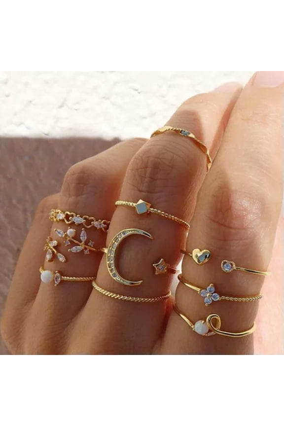 5-10pcs Butterfliy Flower Moon Crystal Knuckle Midi Finger Rings Women Jewelry-10pcs Moon Leaf Heart