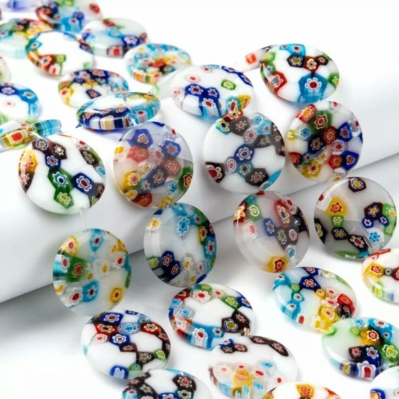 MATROOY 5 Strands Millefiori Lampwork Beads Flat Round 25mm Porcelain Style 16pcs/strand