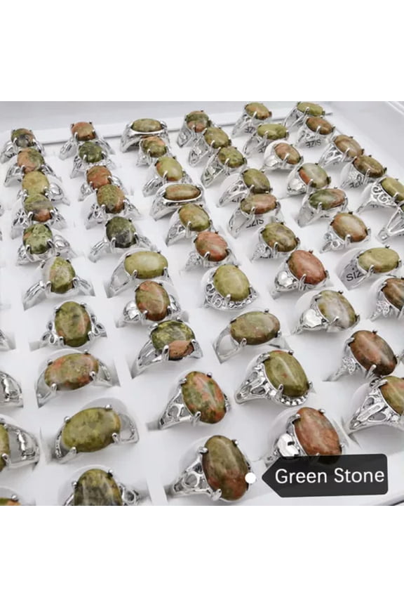 50Pcs Wholesale Lot Mixed Ring Natural Stone Rings Women Gemstone Jewelry Bulk-Flower green stone