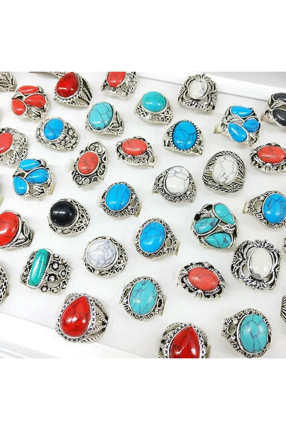 50pcs Men's Jewelry Wholesale Bulk Lots Mixed Fashion Turquoise Alloy Rings