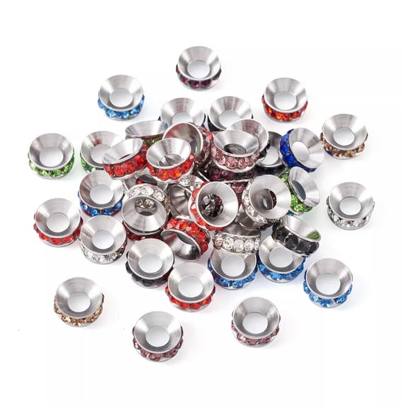 MATROOY 50pcs Rhinestone Spacer Beads Mixed Rondelle Brass European Large Hole 9x4mm