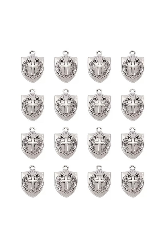 50pcs Shield with Cross Charms 21x14mm Tibetan Alloy Pendants Warriors Faith