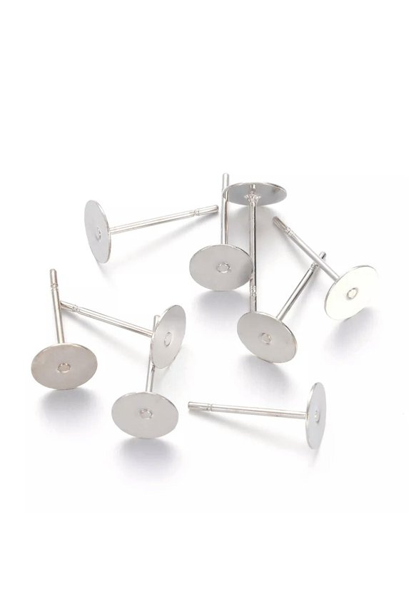50pcs Stainless Steel Earrings Posts 6mm Flat Pad Platinum Stud Earring Settings