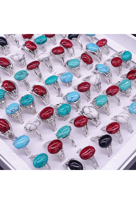 50pcs Wholesale Lots Mixed Color Turquoise Alloy Jewelry Women Rings