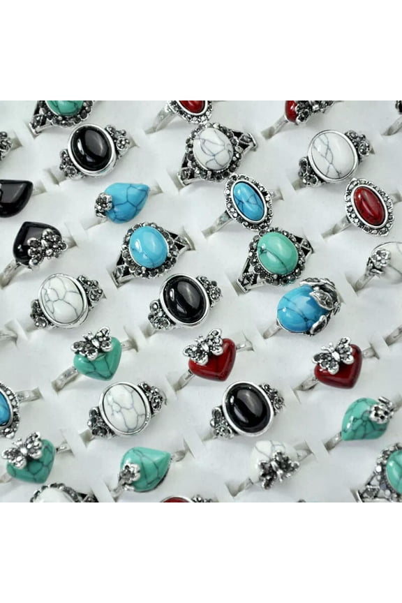 50pcs Wholesale Lots Mixed Color Turquoise Jewelry Alloy Women Rings
