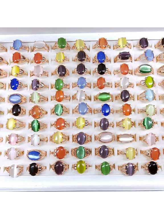 50pcs Wholesale Lots Mixed Style Cat's-eye Stone Rings For Women Silver P Ring