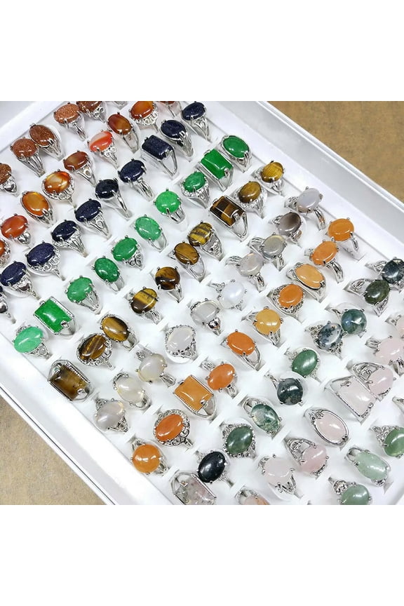 50pcs Wholesale Mixed Lots Oval Natural Stone Silver P Lady's Rings Gift