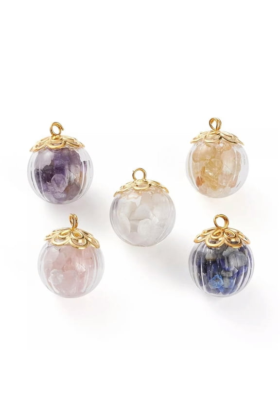 50x Mixed Gemstone Chip Pendants Glass Ball Bottles with Golden Bead Caps