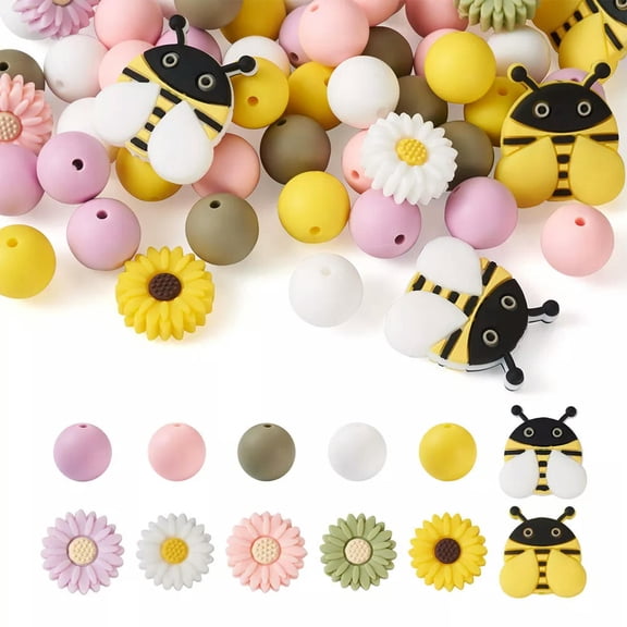 MATROOY 59Pcs Colorful Round Silicone Beads Daisy Flower Bee Shape Loose Bead 15-31mm