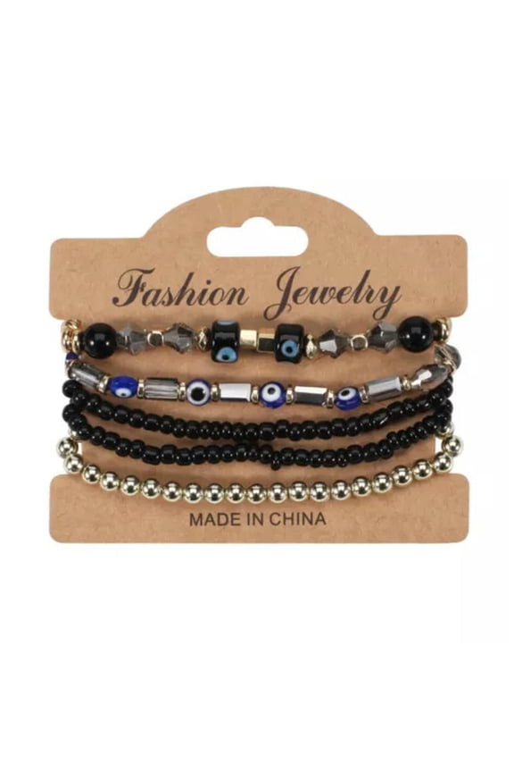 5PCS Boho Multilayer Natural Stone Evil Eye Crystal Handmade Bead Bracelet Women-Black