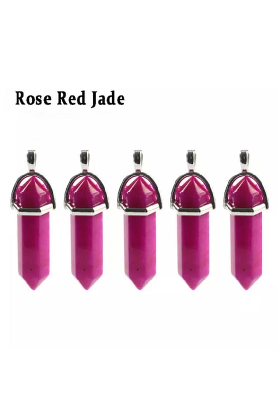 5PCS Natural Gemstone Hexagonal Point Chakra Crystal Healing Stone Pendant-Rose Red Jade