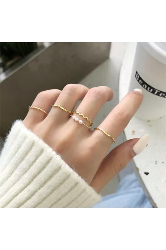 5Pcs Fashion Jewelry Rings Set Metal Hollow Round Opening Women Finger Ring-Gold-