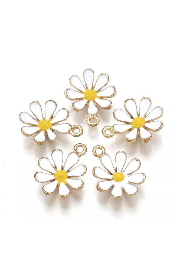 5pcs Alloy Enamel Daisy Flower Charms Pendant White 19x15x4mm Light Gold Tone