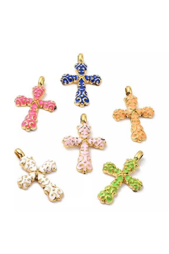 5pcs Gold Plated Cross Enamel Charm Pendants Mixed Color Crucifix Cross 51x32mm