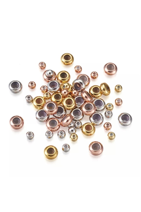 60pcs Brass Rubber Stopper Round Beads 3 Colors Slider Clasps Rondelle Beads