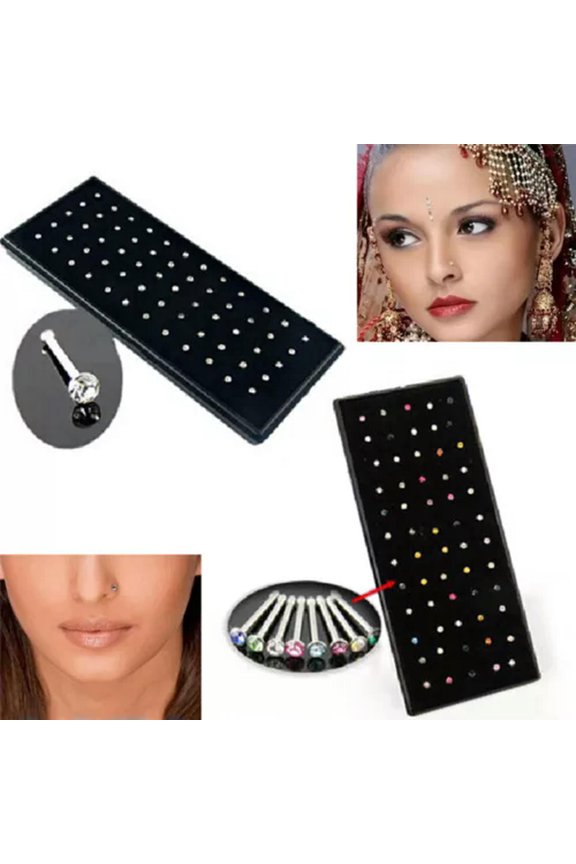 60x Crystal Rhinestone Stainless Steel Nose Ring Body Piercing Bone Stud Jewe_tu-Multicolor