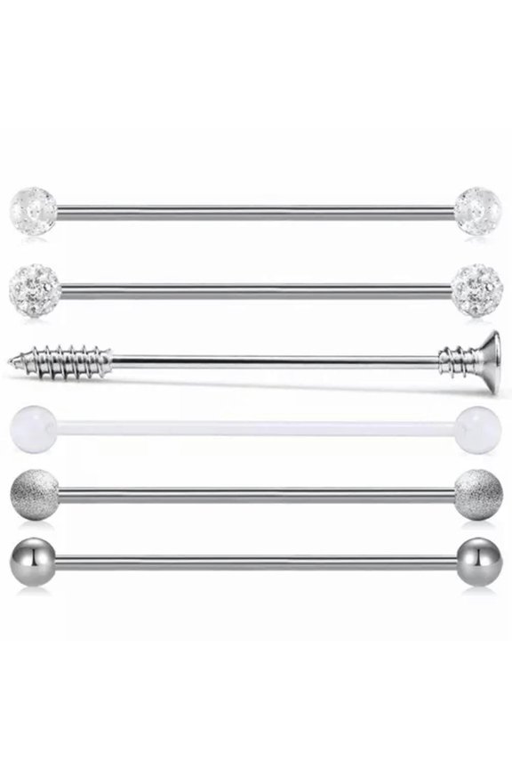 6PCS 14G 316L Surgical Steel Industrial Barbell Set Earrings Piercing Cartilage-Silver