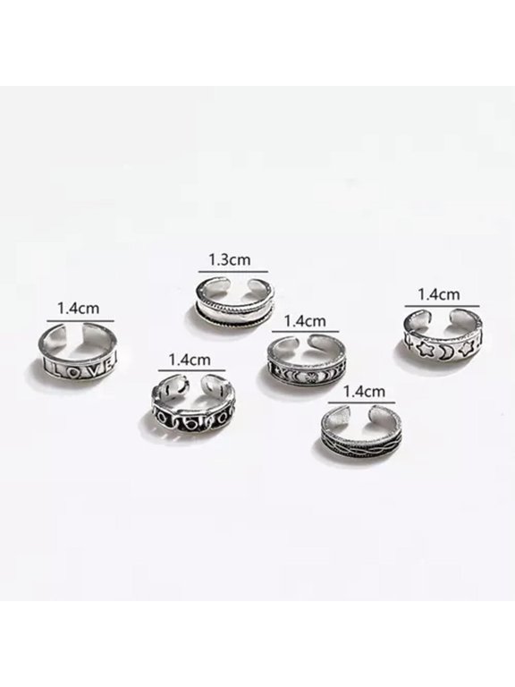 6PCS Fashion Jewelery Adjustable Foot Ring Metal Open Ring Women Accessories-Silver D