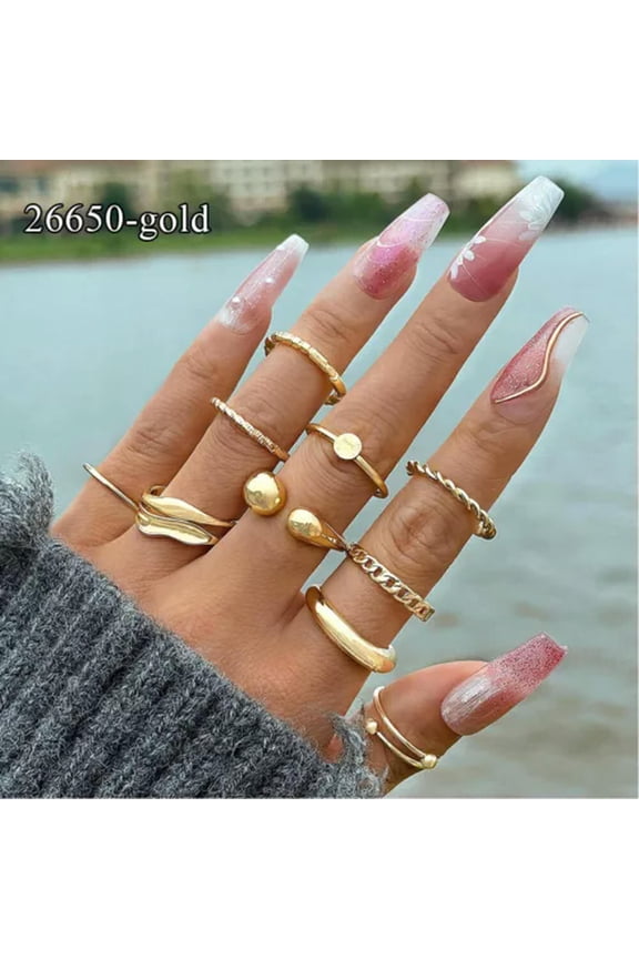 6Pcs Open Rings Exaggerated Geometric Metal Jewelry Irregular Ring Gold Silver-26650 gold 10pcs