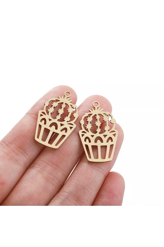 6Pcs Raw Brass Potted Cactus Earring Charms Plant Pendant For Diy Jewelry Making