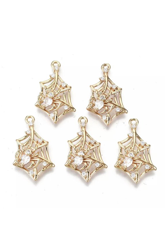 6pcs Light Gold Spider Web Pendants with Cubic Zirconia 24x14x5mm Dangle Charms