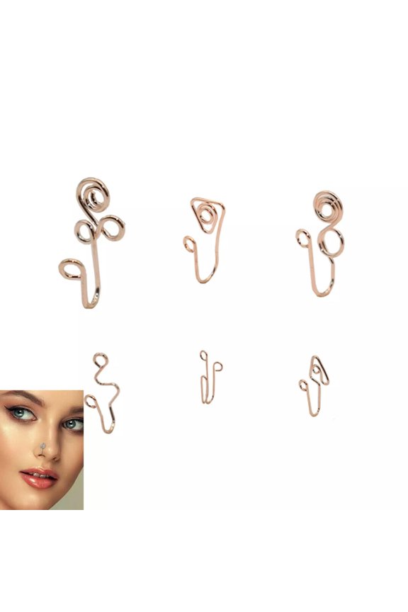 6pcs Rose Gold Plated Nose Clip On Fake Nose Ring Stainless Steel Body Jewelry