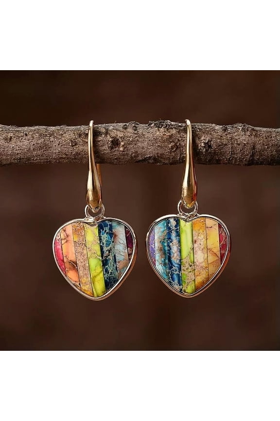 7 Chakra Natural Stone Women Rainbow Heart Drop Healing Reiki Earrings Xmas Gift