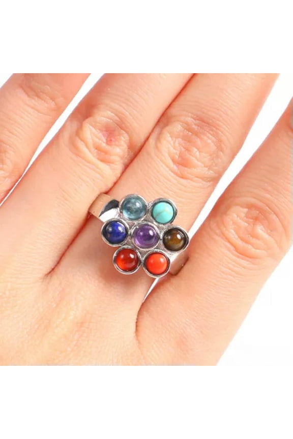 7 Chakra Ring Gemstone Beads Reiki Healing Silver Plated Adjustable Armour-Flower
