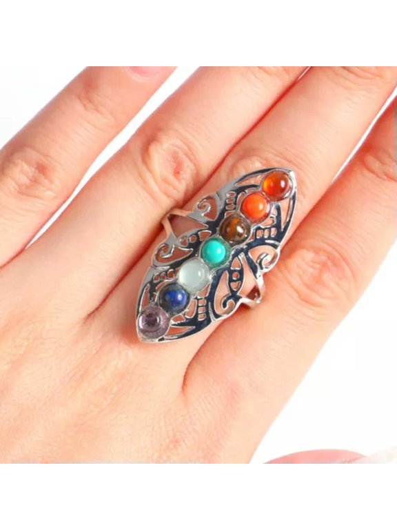 7 Chakra Ring Gemstone Beads Reiki Healing Silver Plated Adjustable Armour-Long
