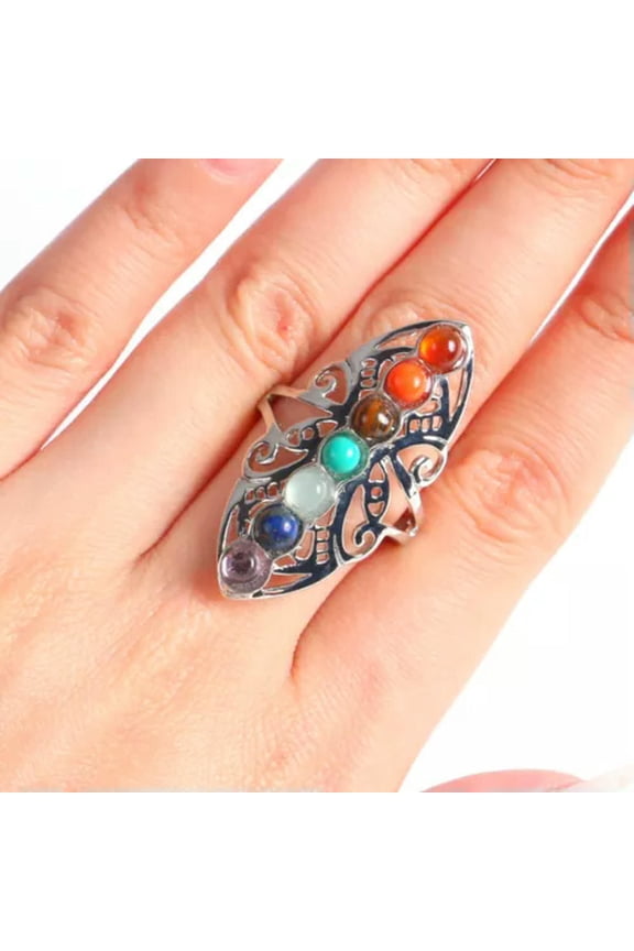 7 Chakra Ring Gemstone Beads Reiki Healing Silver Plated Adjustable Armour-Long
