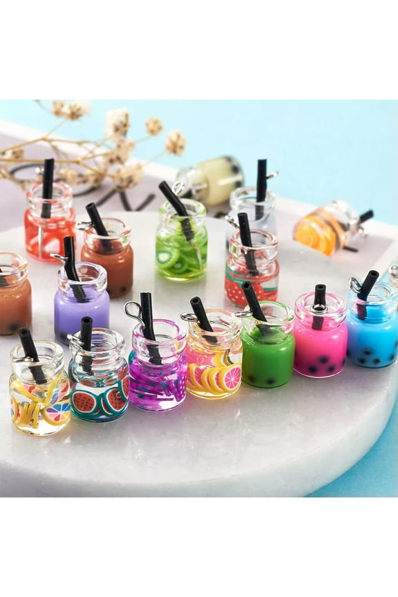 76Pcs Milk Tea Fruit Tea Charms Resin Mini Bottle Boba Juice Drinks Pendants